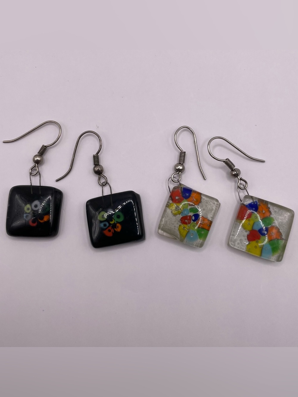 2 Pair of Handmade Millefiori Glass Drop Earrings